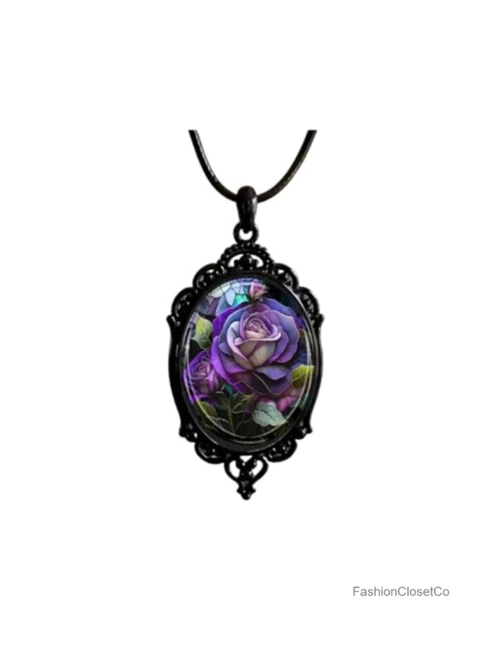Gothic Rose Glass Pendant Necklace, Victorian Style, Halloween & Cosplay Jewelry